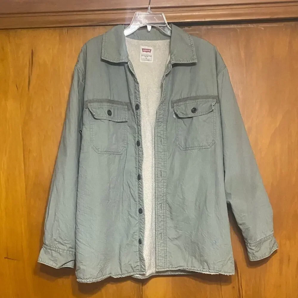 Thrashed Levi's Olive Green Jacket Shacket Fleece Lined Distressed Classic Warm - Picture 9 of 13